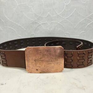 Copper Buckle Braided Wide Leather Belt Medium Brown Adjustable Boho